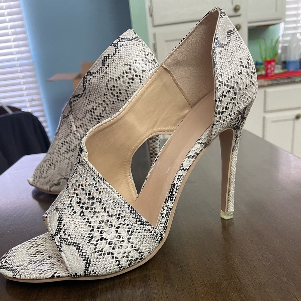 Snake print stiletto heels
